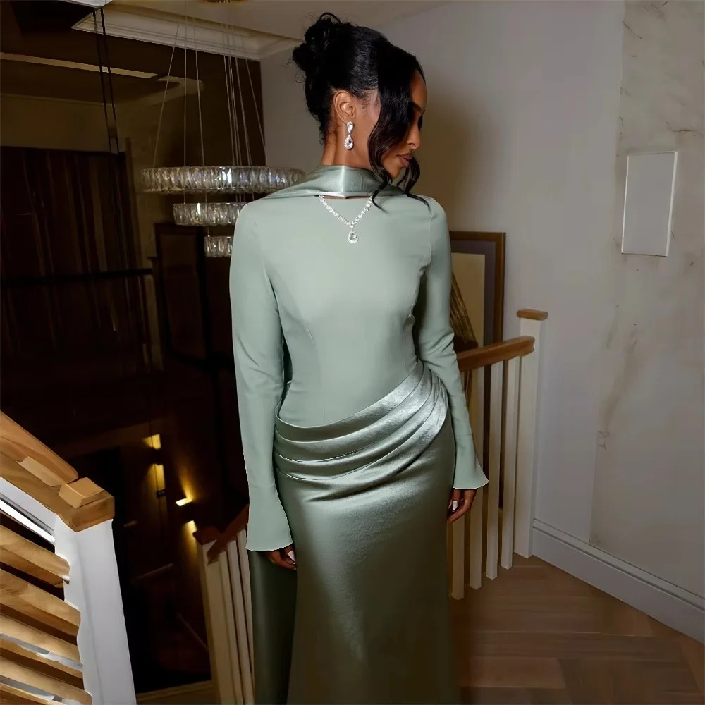 Women Satin Mermaid Evening Dresses High Neck Long Flare Sleeve Formal Dresses Pleated Waist Wedding Guest Party Prom Dresses
