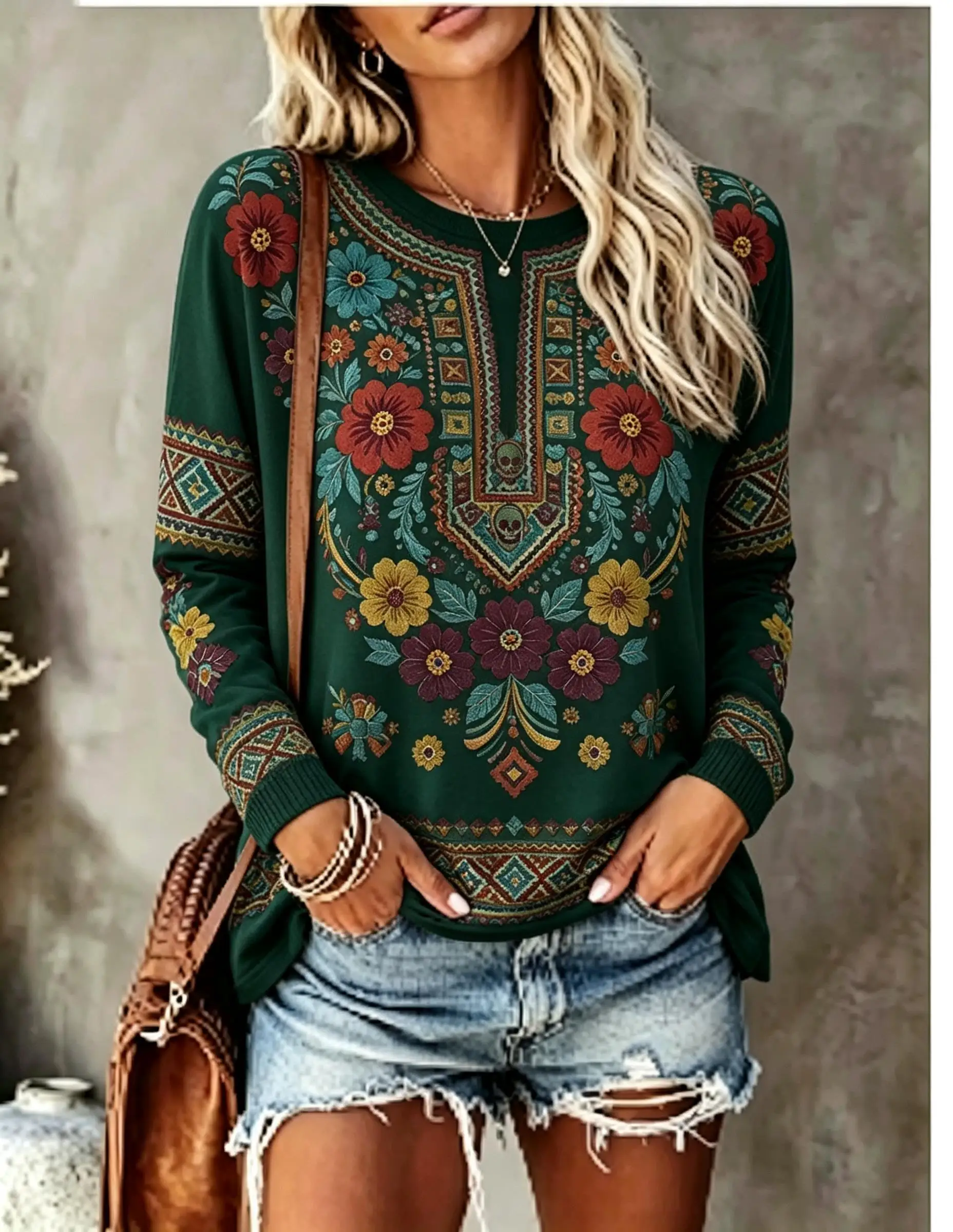 Women Crew Neck Long Sleeve T‑Shirt, Boho Ethnic Floral Mandala Geometric Border Print Casual Loose Pullover Tops1