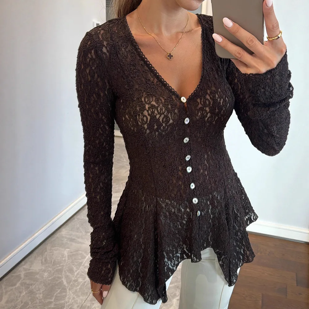 

Женская блузка с длинным рукавом, рубашка с кружевной отделкой, блузка с v-образным вырезом и пуговицами спереди, элегантный асимметричный топ с рюшами по подолу