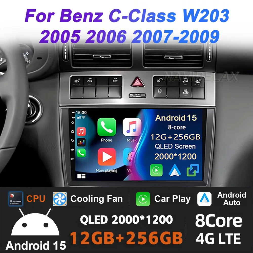 أندرويد 15 سيارة CarPlay لمرسيدس بنز C-Class W203 W209 C180 C200 CL203 C209 A209 2004-2011 مشغل وسائط متعددة 5G GPS العرض #1