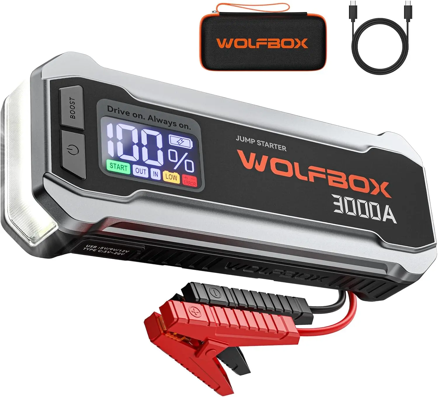 WOLFBOX 3000Amp Car Jump Starter Booster Battery Jumper Power Bank Fast Charger