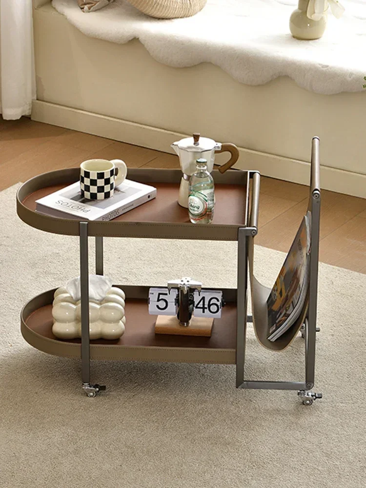 Saddle Leather Coffee Table Mobile Luxury Living Room Tea Table Stainless Steel Movable Sofa End Tables Modern Brief Side Tables