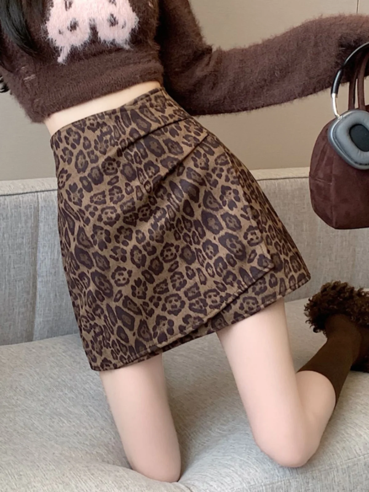 High Waist A-Line Skirt Women's Autumn Winter New Fashion Pleated Leopard Print Halter Neck Short Skirts Korean Style