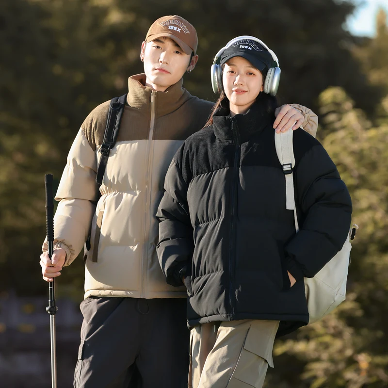 Korean Fashion Patchwork Cord Parkas Frauen Stehen Kragen Zipper Verdicken Parka Mäntel Frau Langarm Warme Puffer Jacken