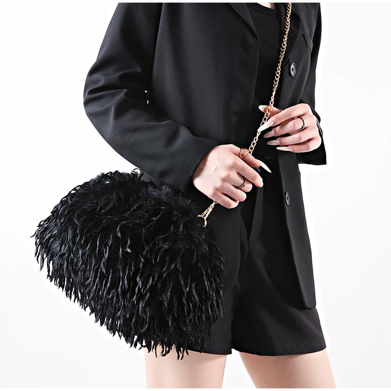 Lockige, flauschige Kunstfeder-Plüsch-Umhängetasche mit Kette, Damen-Clutch mit Falten-Design für Partys und Abendveranstaltungen, Herbst/Winter – Detail 12