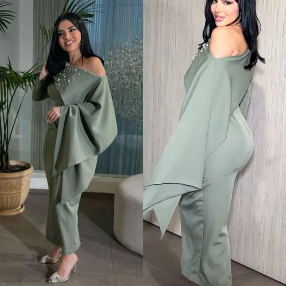 

High Quality Customized One Shoulder Ankle Length Beaded Straight Green Elegant Dress Women for Wedding Party Robe فساتين سهره
