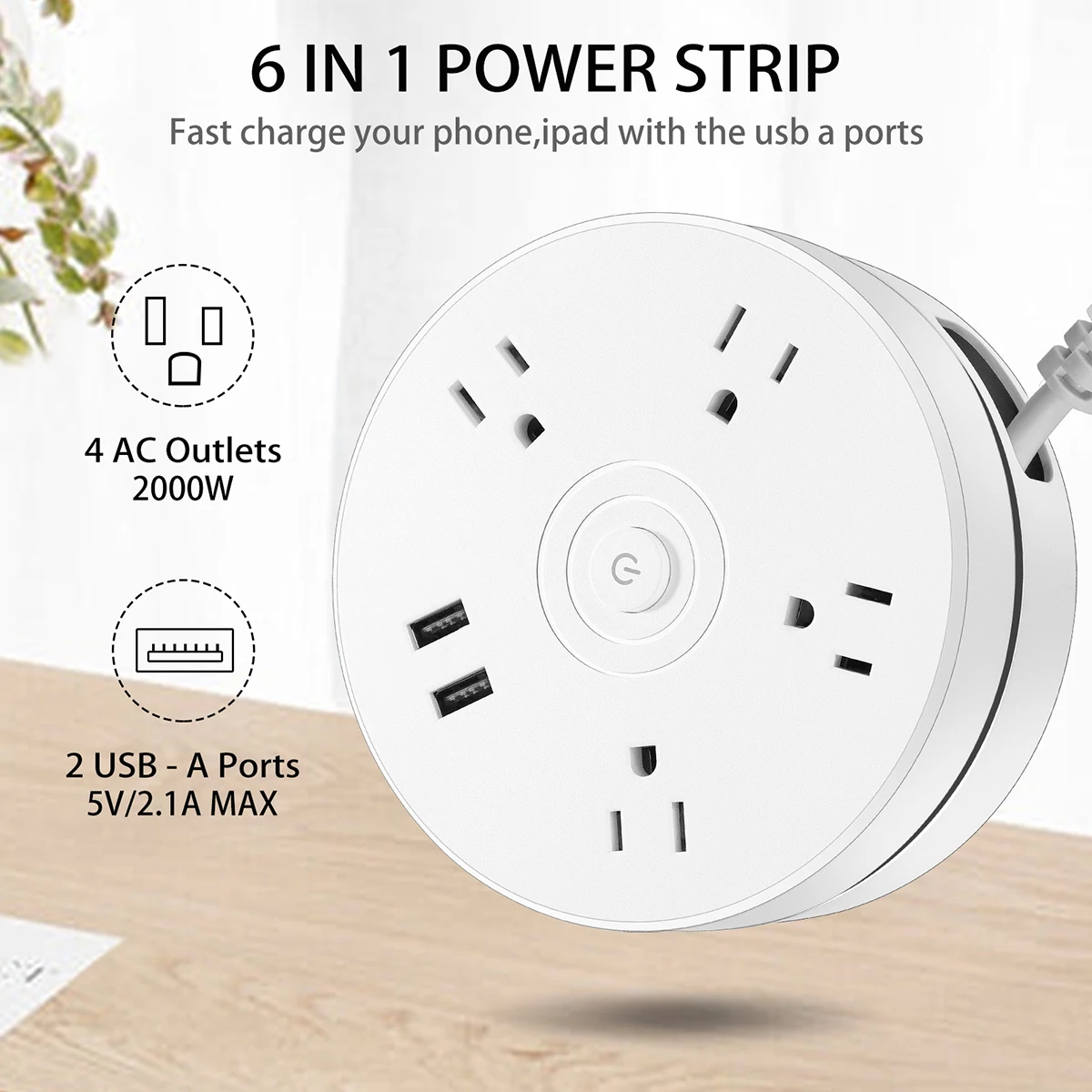 Stekkerdoos Wandgemonteerde Stopcontact 2 Usb-Laadpoorten 4 Stopcontacten Met 6.56 Ft Verlengsnoer Ons Stekker Stopcontact