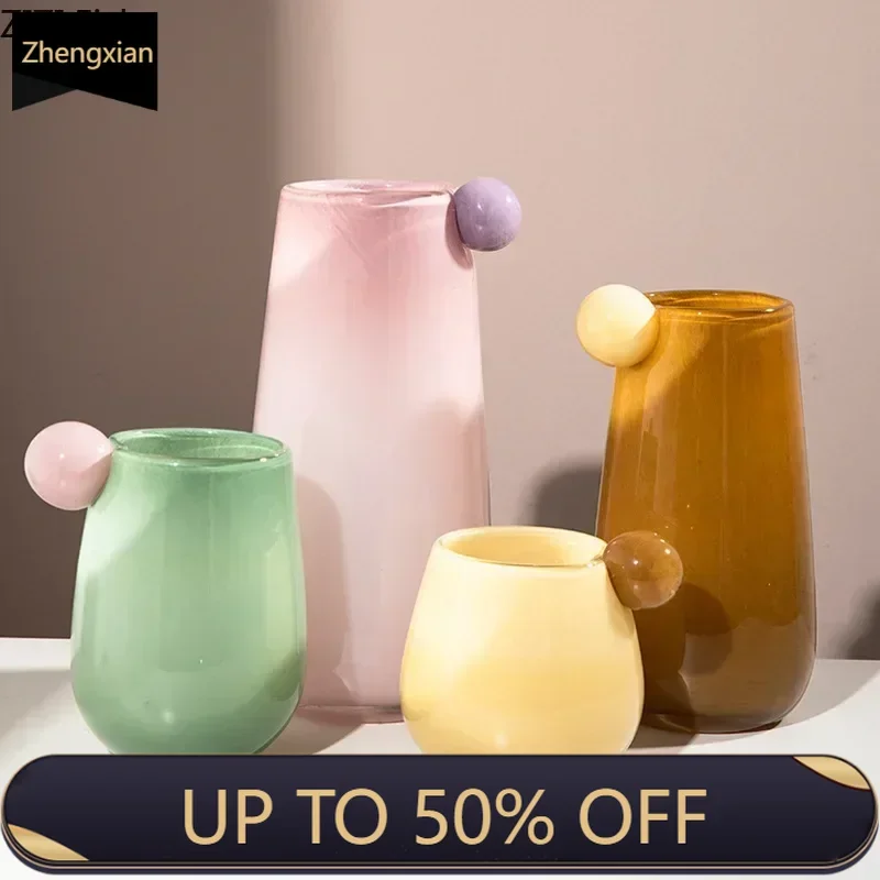 Candy Style Colorful Glass Vase Hydroponics Flower Pot Desk Decoration Flower Arrangement Floral Vases Room Aesthetic Decor