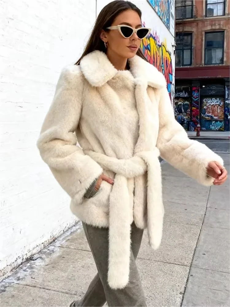

HH Elegant Women Belted Warm Faux Fur Coats 2025 Female Fluffy Long Sleeve Lapel Thicken Jackets Winter Lady Chic Overcoats