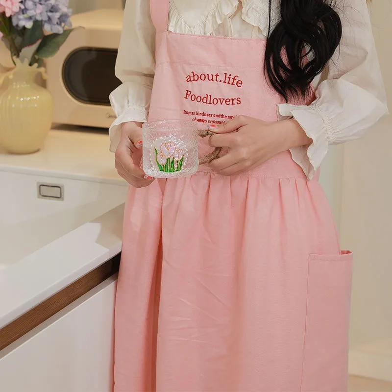 Embroidered Waterproof Cotton Apron with Pockets for Women Cross Back No-tie Kitchen Pleated Aprons Smock for Cooking Gardening