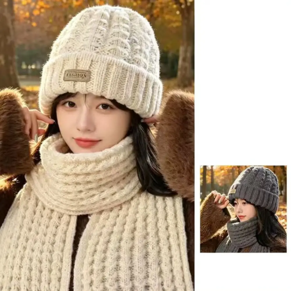 Womens Knitted Hooded Scarf Thick Warm Winter Hat Ear Protection Balaclava Fashion Letter Print Soft Cozy Casual Headgear