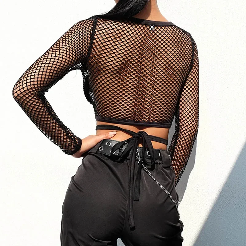 Sexy neue Mesh Goth Langarm T-Shirt Frauen hohle durchsichtige Netz Netz oberteile Sommer Freizeit hemd Streetwear Damen bekleidung