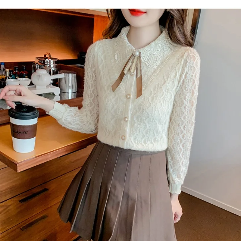 

Women's Turn-down Collar Spring Autumn Gauze Pullover Bow Lace Pearl Button Long Sleeve T-shirt Undershirt Casual Elegant Tops