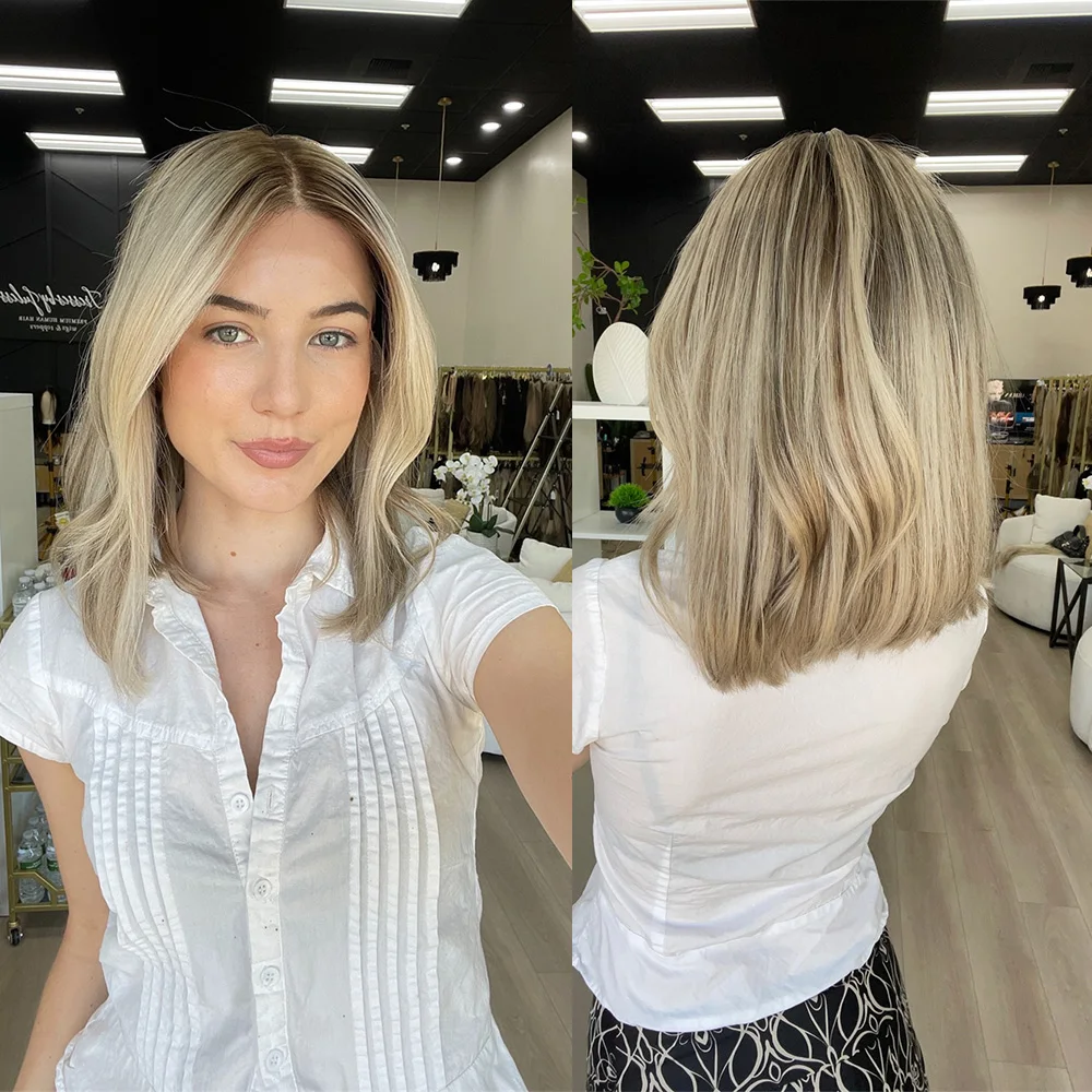 

Блондинка Balayage Bob Wig 13x4 Lace Front HD Прозрачные короткие прямые парики 12 дюймов с пепельно-коричневыми корнями Предварительно выщипанные с детскими волосами