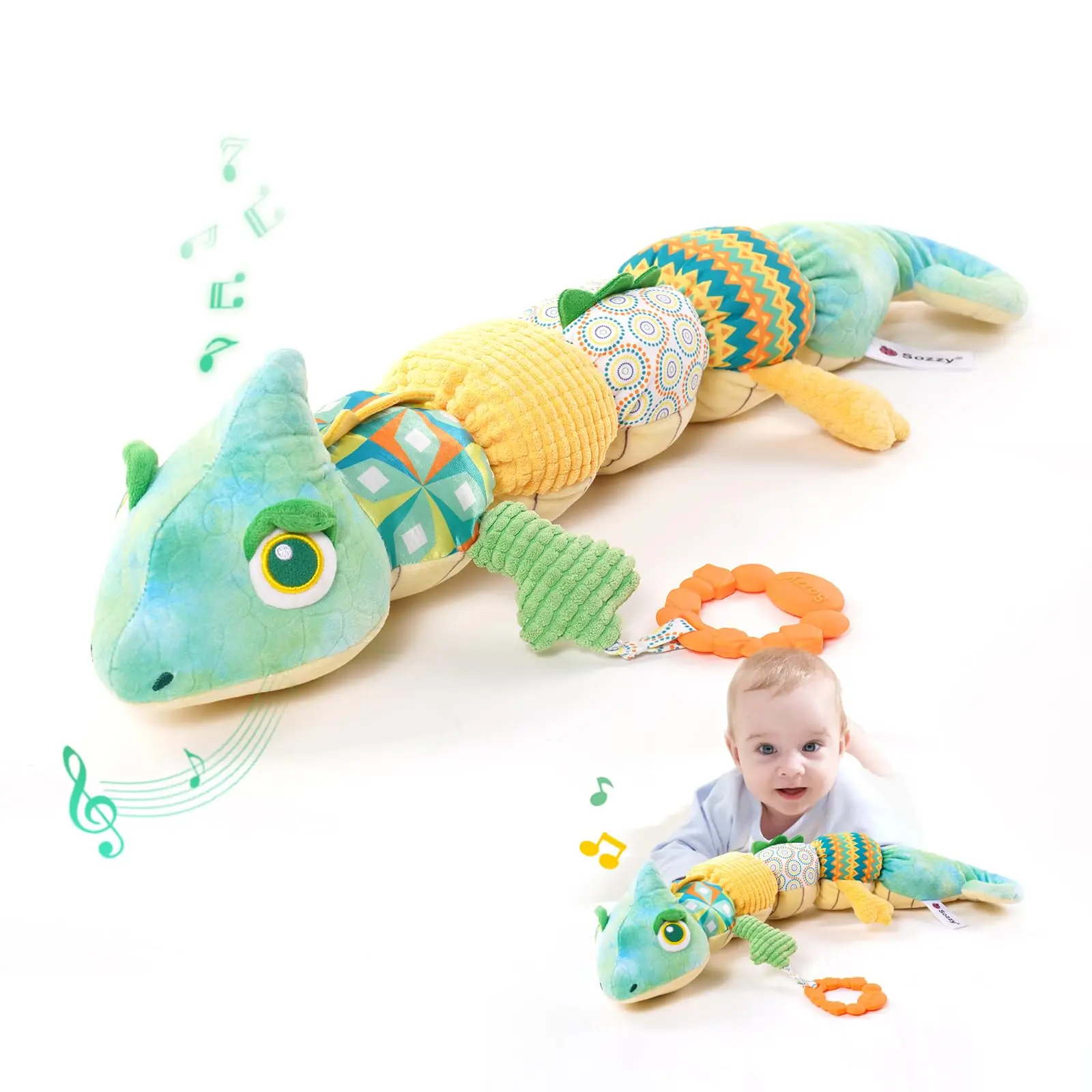 Juguetes de animales de peluche musicales para bebé, camaleo infantil con sonajeros, juguetes de dentición de BellBaby arrugados para el tiempo de barriga, sensorial para recién nacido