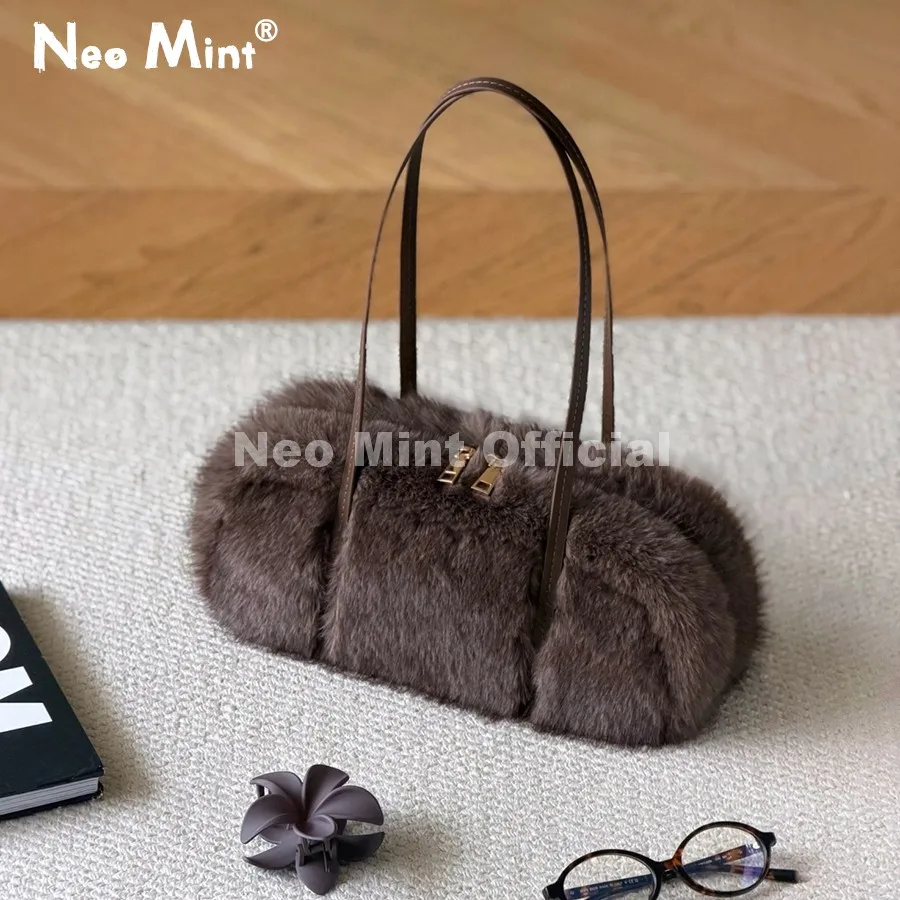 Neo Mint Hot Vintage Fashion Gradient Mink Fur Shoulder Baguette Bags Women's Trendy Fuzzy Faux Fur Underarm Bag Girls Handbags