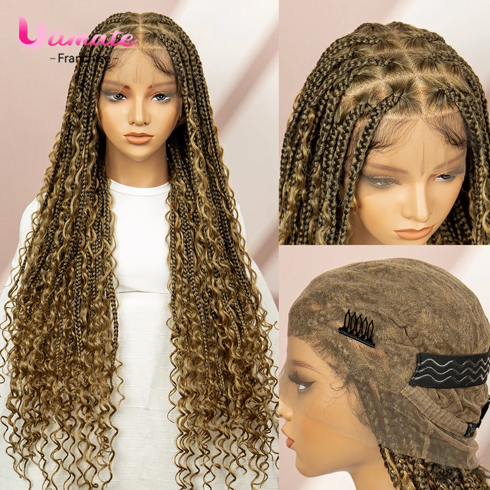 합성 박스 브레이드 전체 레이스 가발, 흑인 여성용 다크 브라운, 보호 브래디스 박스, 땋은 헤어 레이스 가발, 매듭 없는 사각형 레이스 프론트 가발