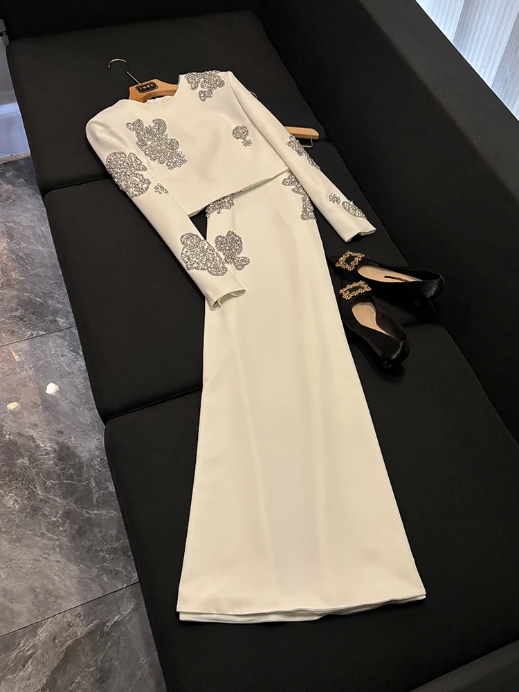 

Faionable ort Top And Long Skirt Set Heavy Embellied with Rhinestones Celebri Inspired Sle Commute Friendly Design