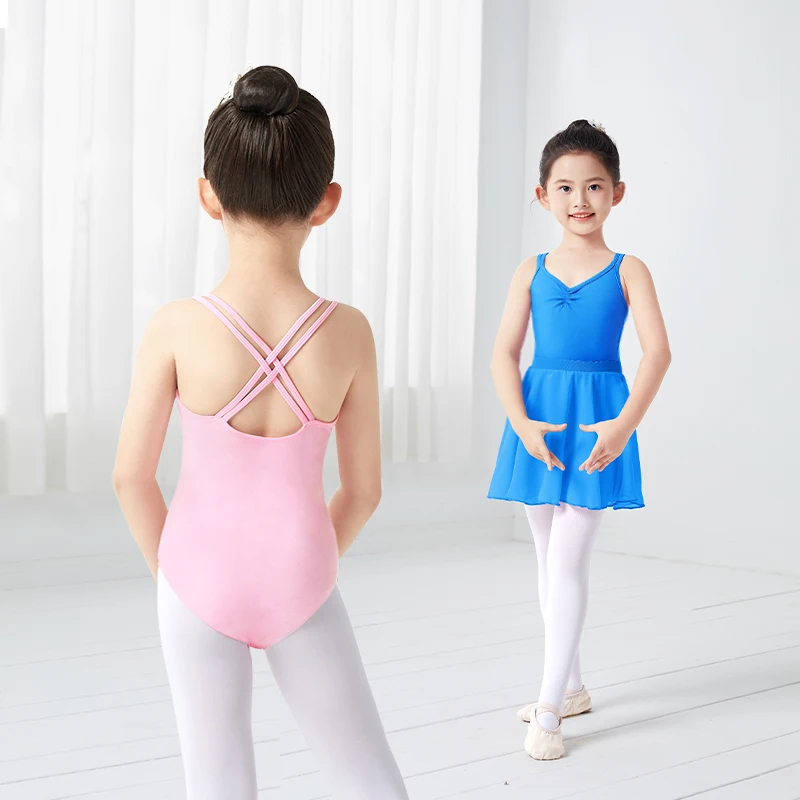 Kids Girls Ballet Leotards Double Straps Ballet Dance Bodysuits Gymnastic Leotards Children Dance Camisole Pink Black Swimsuit