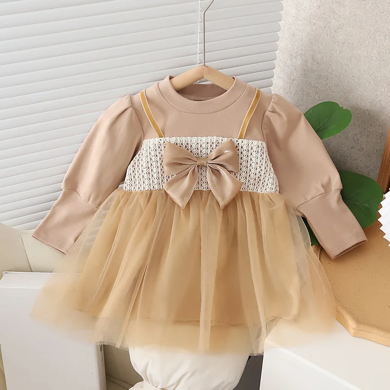 (9 Months -3 Years Old) Spring And Autumn New Fake Two Piece Baby Girl Princess Dress, Sweet Bow Children\'S Long Sleeve Clothes