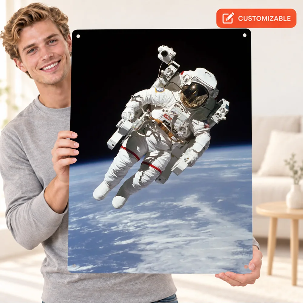 First Untethered Spacewalk Space Printed Poster Personalized Aluminum Metal Sign Monochrome Cosmic Wall Art For Man Cave Decor