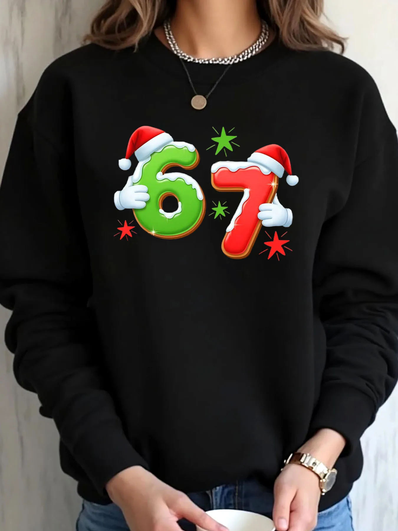 سويت شيرت نسائي مقاس كبير لعيد الميلاد رقم 67 مطبوع عليه قبعة سانتا ملابس خارجية #1