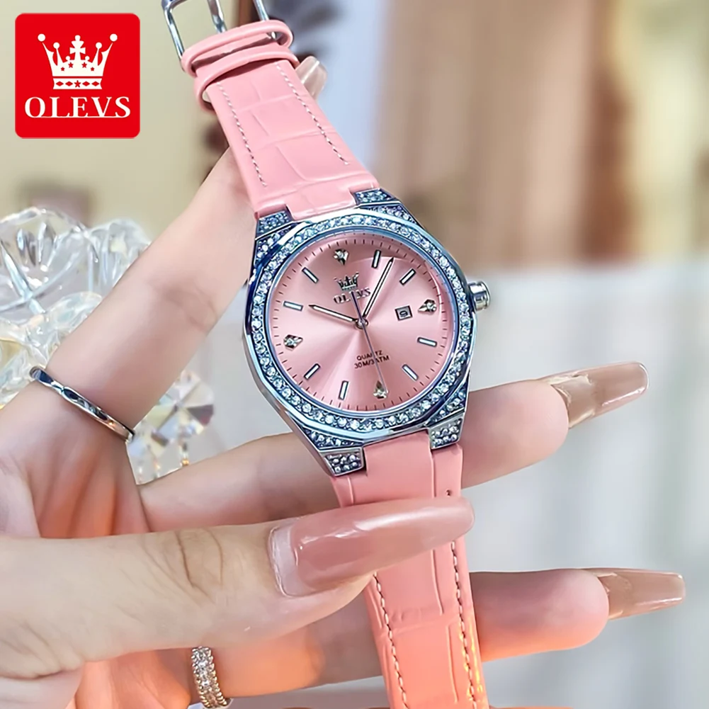 OLEVS 5606 Luxury Quartz Watch For Women Calendar Diamond Elegant Ladies Wristwatch Waterproof Original Business Leather Watches