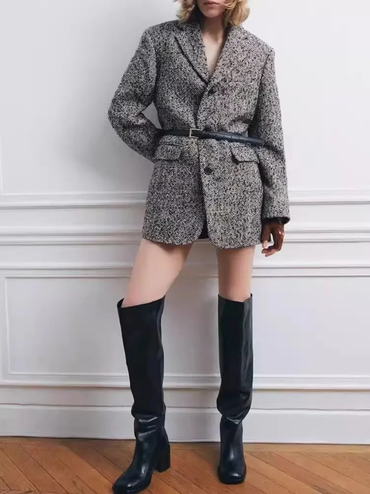 

2024 Women's Faion Long Sve Waist-Cinching Jaet with Belt Versatile Autumn Winter Outerwear Classic V-ne Color