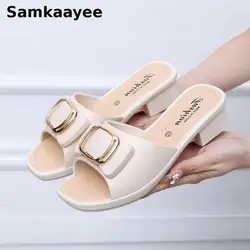 36-41 Women Slippers High Heels Sandals Summer Shoes Female Platform Flip Flops Peep Toe Buckle Beach Slides Non-Slip Chaussures