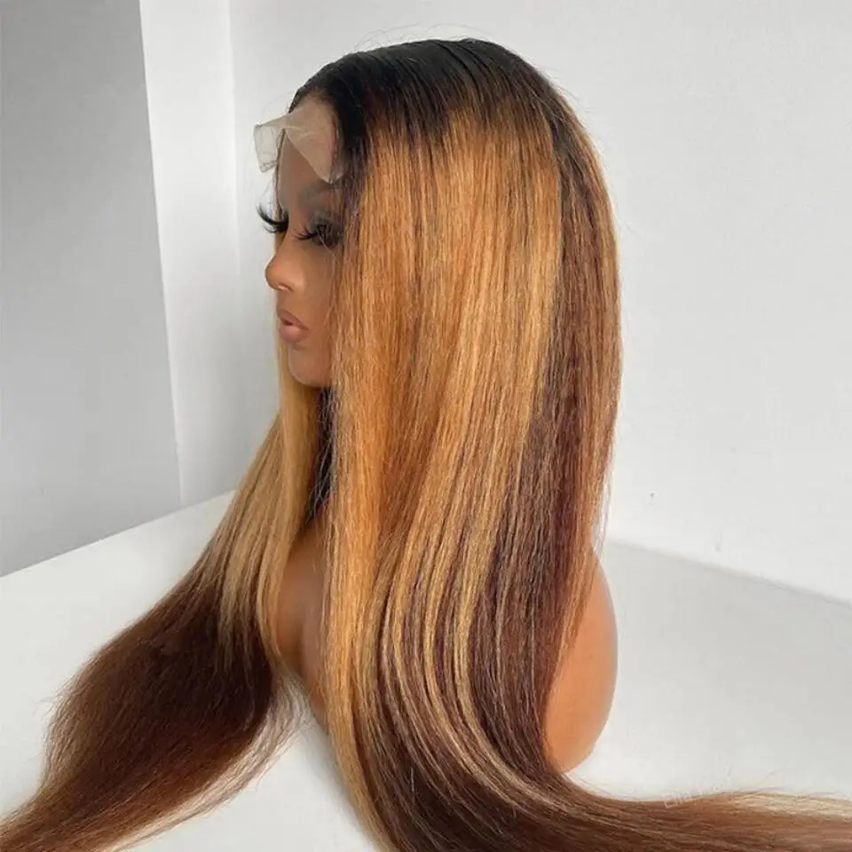 Peruca dianteira do laço para mulheres negras, cabelo do bebê, pré-arrancado, resistente ao calor, sem cola, macio, perverso, reto, ombre, marrom, 180 densidade, 26"