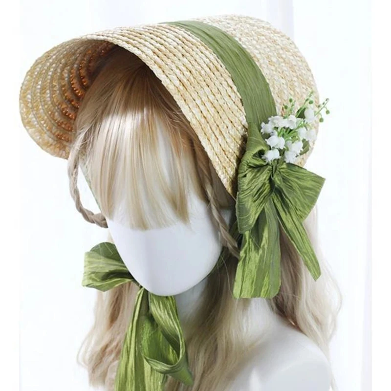 Women Victorian Wedding Tea Party Bonnet Handmade Lolita Retro Green Flower Bow Beach Sun Straw Weaving Hat French Pastoral Cap