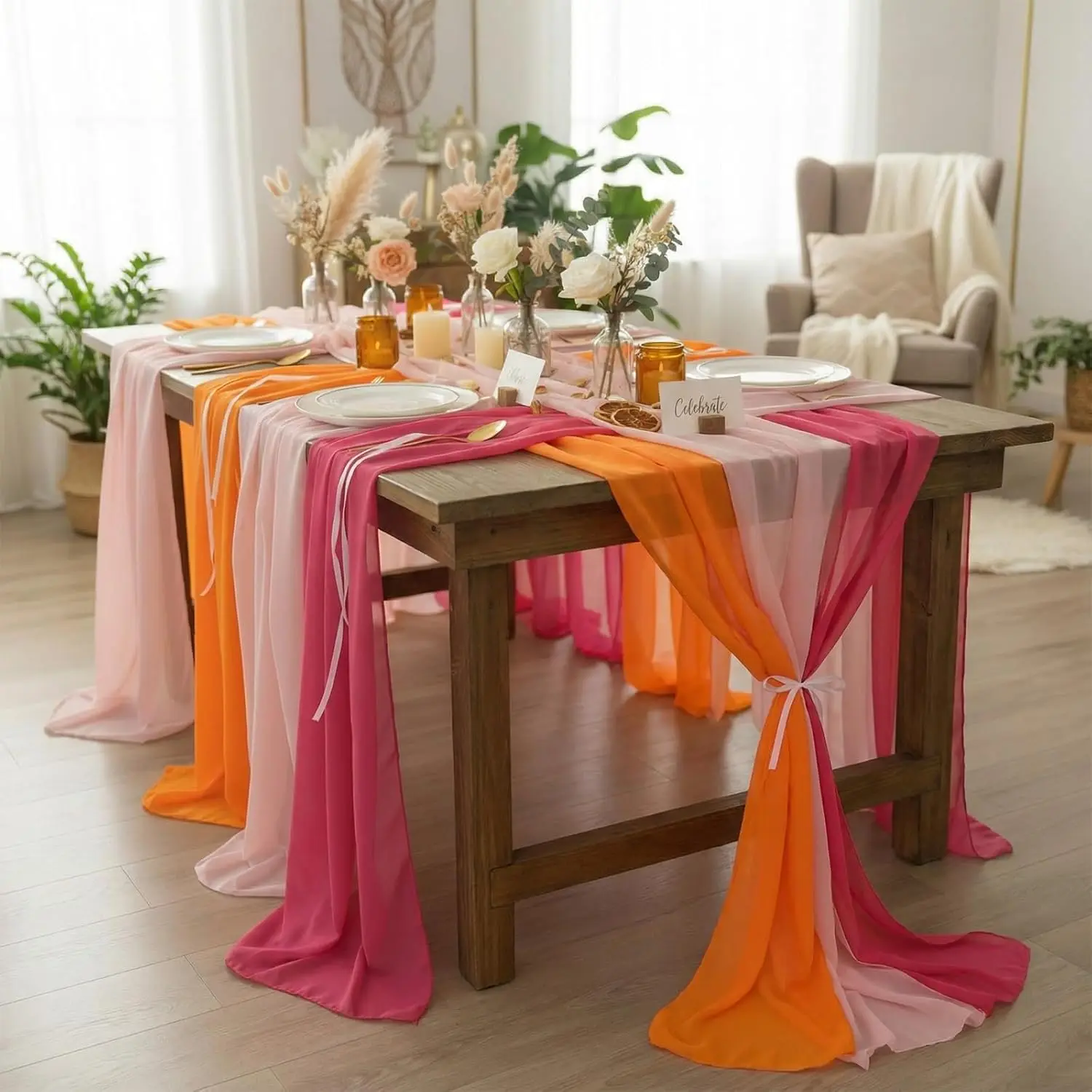 6Pcs Table Runner Sheer Gauze Red Pink Orange Boho Rustic Wedding Birthday Baby Shower Bridal Graduation Sunset Party Decor