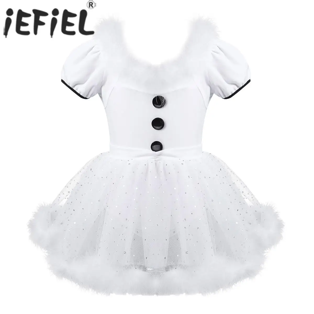 

Kids Girls Christmas Costume Snowman Figure Skating Dance Ballet Tutu Dress Leotard Short Sleeve White Feather Trim Dancewear