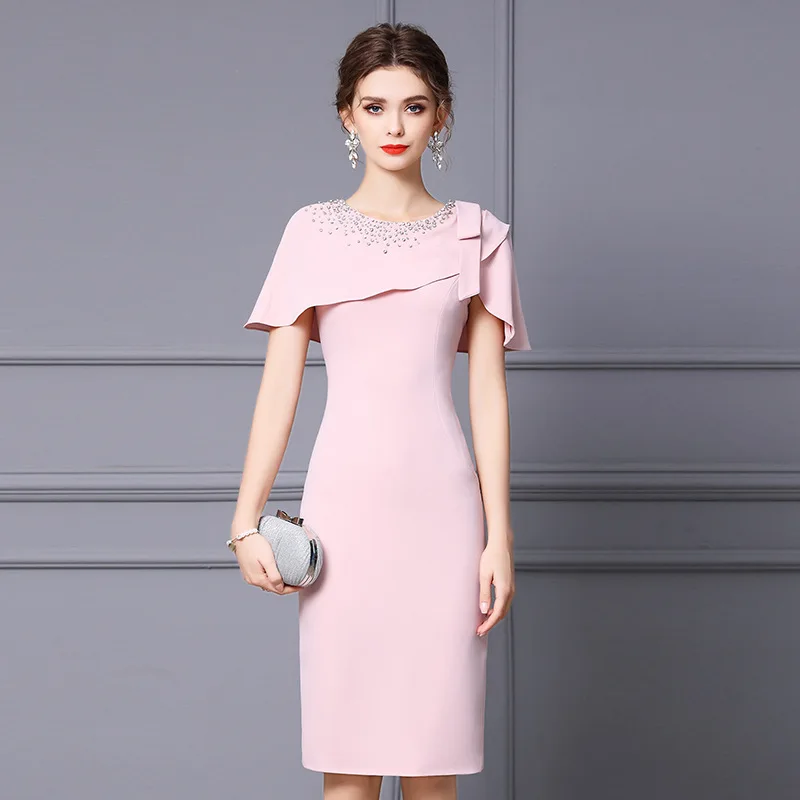 

Soft wind dress summer style elegant style round Neck Cape Sleeve dress nail bead waist evening dress