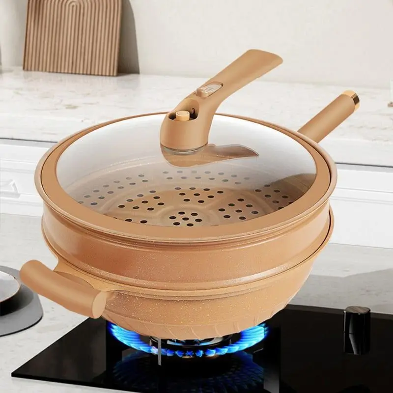 Non-Stick Clay Wok With Steamer Basket Clay Wok Micro-pressure Wok Multifunctional Non-stick Household Frying Pan Induction