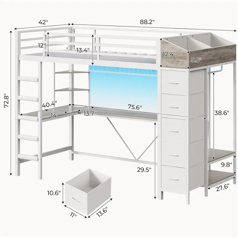 White Twin Size L-Shaped Desk Bed with LED Lights, Charging Station, 5 Drawers, Hall Tree, and Safety Guard