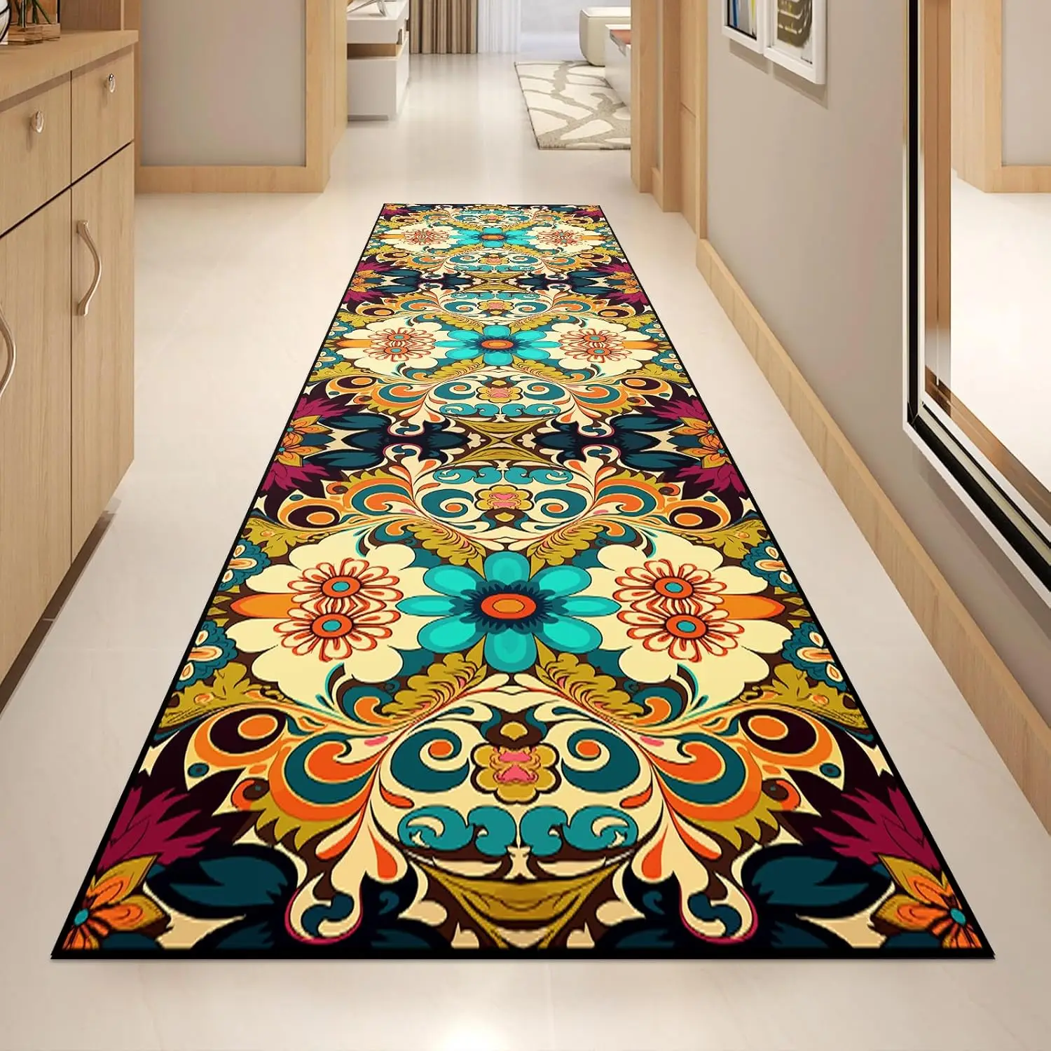 Washable Corridor Runner Rug, Non-Slip Vintage Hallway Runner with Upgrade Rubber Backing, Stain Resistant Faux Wool Distressed