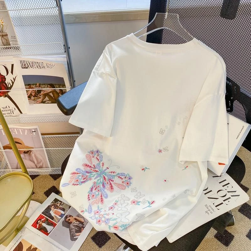 

EBAIHUI Chinese Style Embroidered T-shirt Summer Round Neck Loose Women's Short Sleeved Tee Butterfly Pattern Korean Casual Top