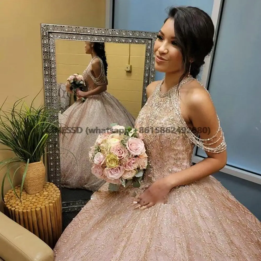 

Rose Gold Halter Beading Tassel Ball Gown Quinceanera Dresses Sleeveless Crystal Tulle Lace Up Back Vestido De 15 16 Anos