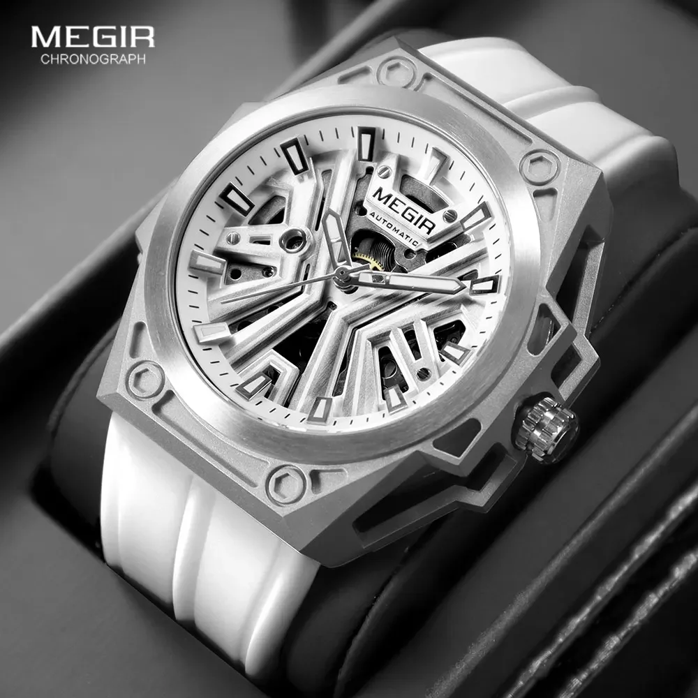 MEGIR Military Sports Automatical Watch Men White Silicone Strap Waterproof Luminous Skeleton Dial Mechanical Wristwatch 8603