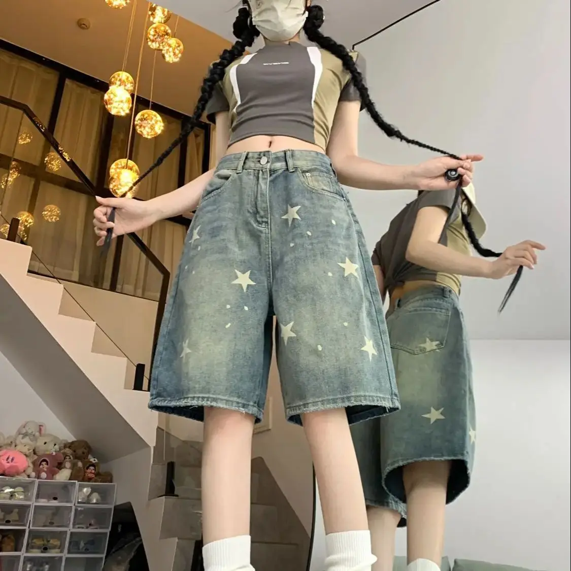 American Retro Washing Old Star Denim Shorts Spring Summer New Five-Point Women Street Straight Versatile Slim Wide-Leg Pants