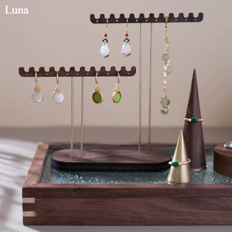 Chinese Vintage Walnut Veneer Earring Stand, Ring Holder & Display Tray, Jewelry Storage Organizer & Photography Prop