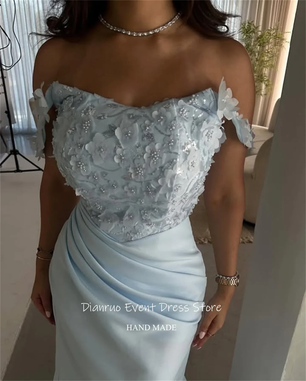 فستان سهرة Dianruo بدون أكتاف حورية البحر كريستال على شكل زهرة فساتين سهرة أنيقة من الساتان بطيات عربية عربية مخصصة