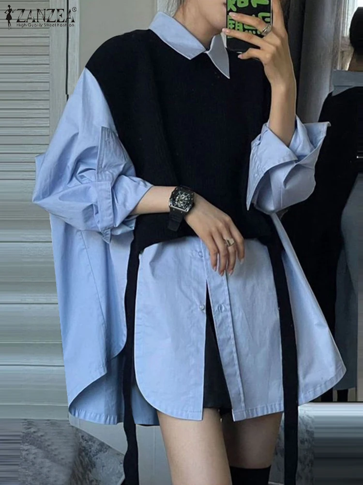 

Fashion Fake Two-piece Shirt ZANZEA Women Colorblock Tessel Tops Casual Loose Commuting Tunics 2025 Spring Blouses Streetwears
