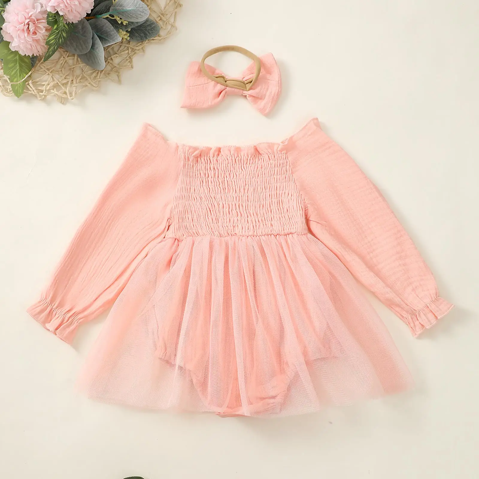 Infant Baby Girl Clothes Long Sleeve Ruffled Tulle Romper Dress with Bowknot Headband for One Year Old Birthday Party Daily Wear