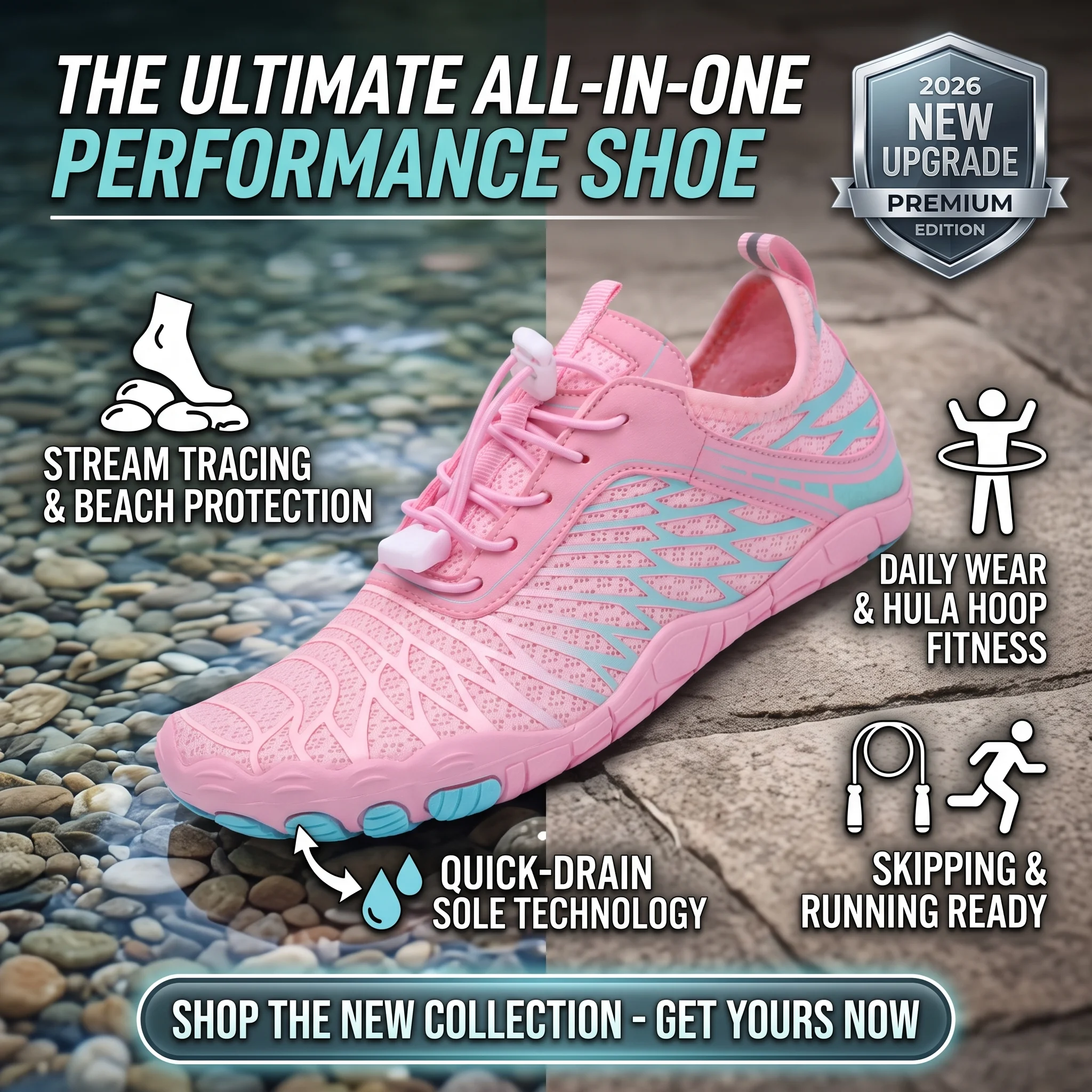 2026 New Upgrade Pink Quick-Dry Water Shoes For Women Breathable Mesh Aqua Shoes Anti-slip Beach Swim Surfing Wading Outdoor Sp