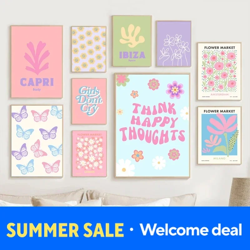 2026 Abstract Danish Pastel Wall Art Poster Prints Purple Checkered Smiley Flower Diamond Painting Picture for Living Room Hom