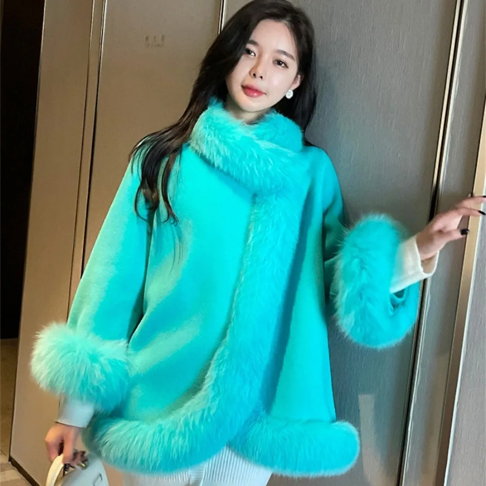 2024 New Women Autumn Real Fox Fur Collar and Cuff Casual Outerwear Long Sleeve Fox Fur Double Side White Woolen Cape Cloak Coat