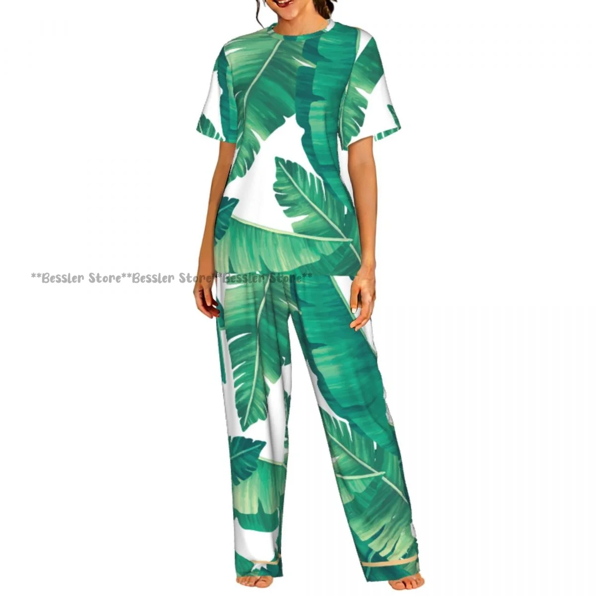 

Женский комплект пижамы с короткими рукавами и принтом тропических листьев, повседневный