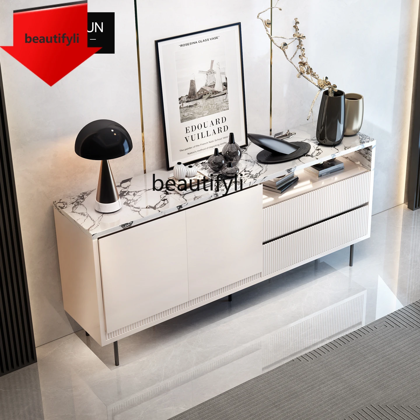 

07 Italian Style Entryway Cabinet Opposite Door Villa Living Room Black Marble Sideboard Storage Cabinet